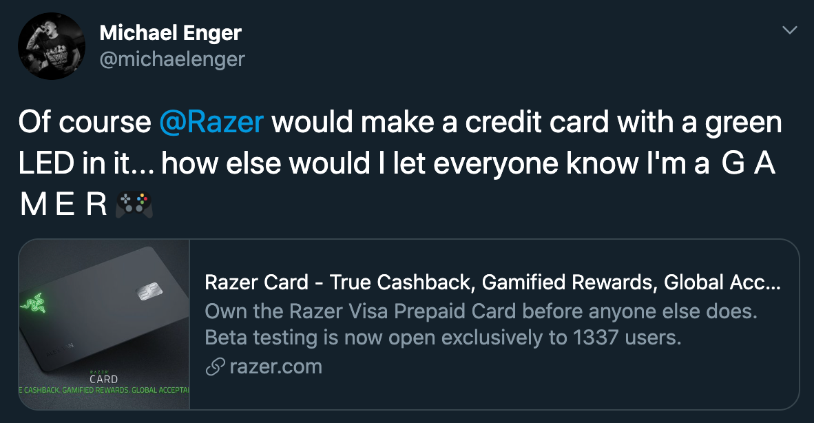 razer gamer credit card reactions - Of course razer would make a credit card with a green Led in it... how else would I let everyone know I'm a Ga Mer