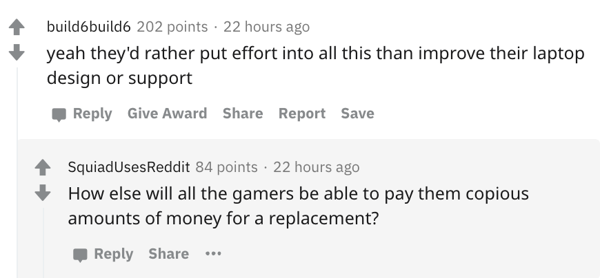 razer gamer credit card reactions - yeah they'd rather put effort into all this than improve their laptop design or support - How else will all the gamers be able to pay them copious amounts of money for a replacement?