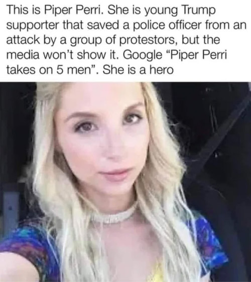porn memes - piper perri trump supporter meme - This is Piper Perri. She is young Trump supporter that saved a police officer from an attack by a group of protestors, but the media won't show it. Google "Piper Perri takes on 5 men. She is a hero