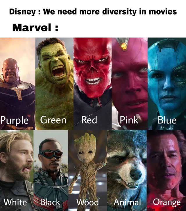 bad reddit posts- zombie - Disney We need more diversity in movies Marvel Purple Green Red Pink Blue White Black Wood Animal Orange