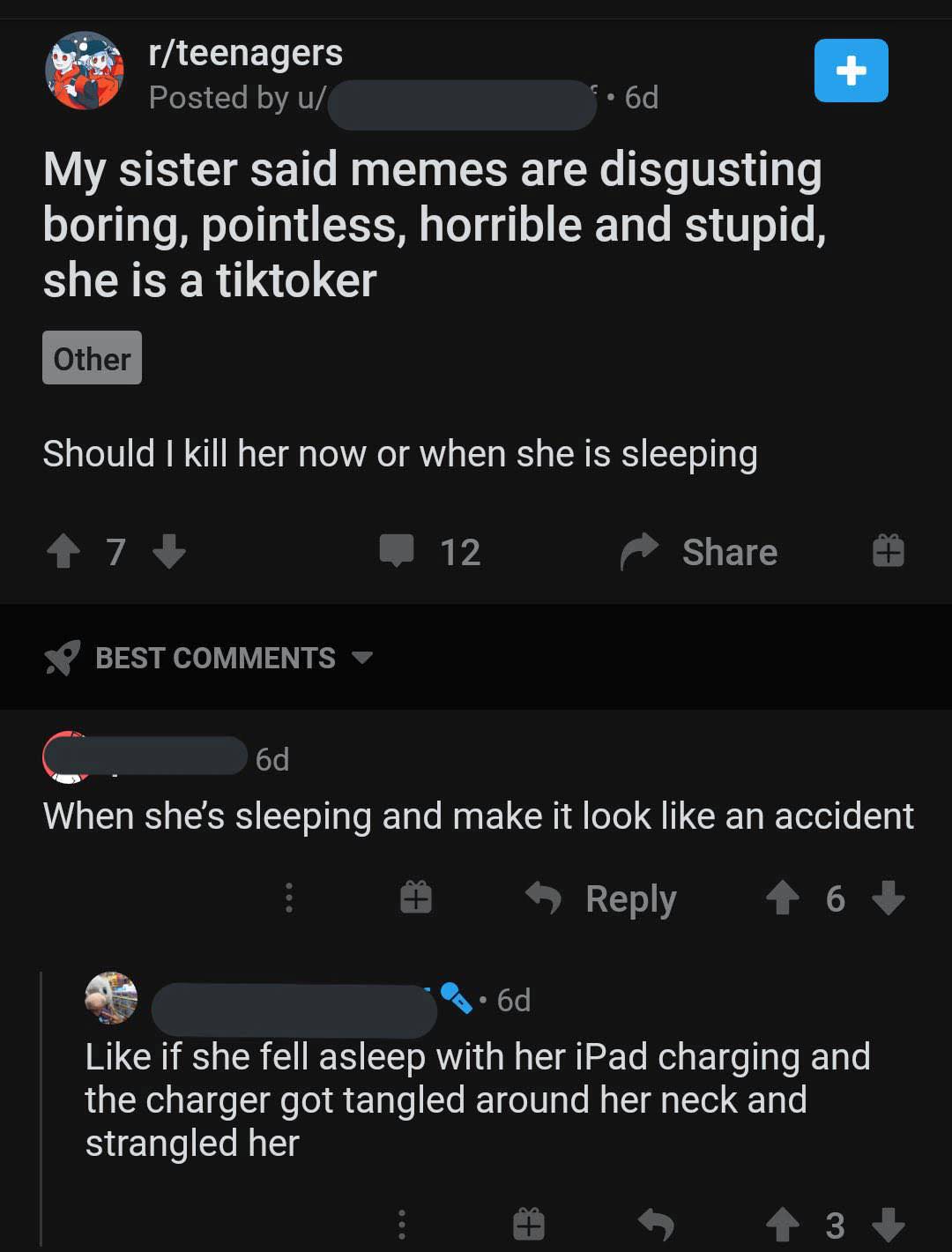 bad reddit posts- screenshot - od rteenagers Posted by u My sister said memes are disgusting boring, pointless, horrible and stupid, she is a tiktoker Other Should I kill her now or when she is sleeping 7 12 Best 6d When she's sleeping and make it look an