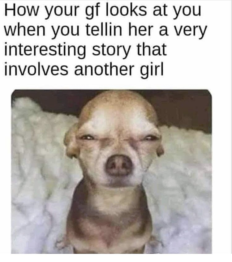funny memes - quotes about girls - How your gf looks at you when you tellin her a very interesting story that involves another girl