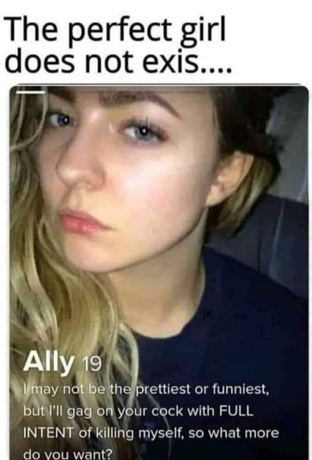 dirty-memes-meme thats so deep - The perfect girl does not exis.... Ally 19 I may not be the prettiest or funniest, but I'll gag on your cock with Full Intent of killing myself, so what more do you want?