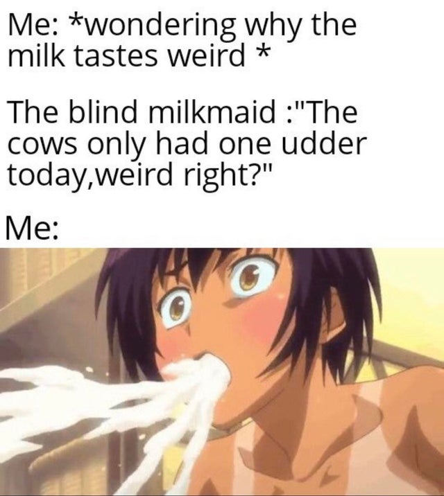 dirty-memes-cartoon - Me wondering why the milk tastes weird The blind milkmaid "The cows only had one udder today,weird right?" Me
