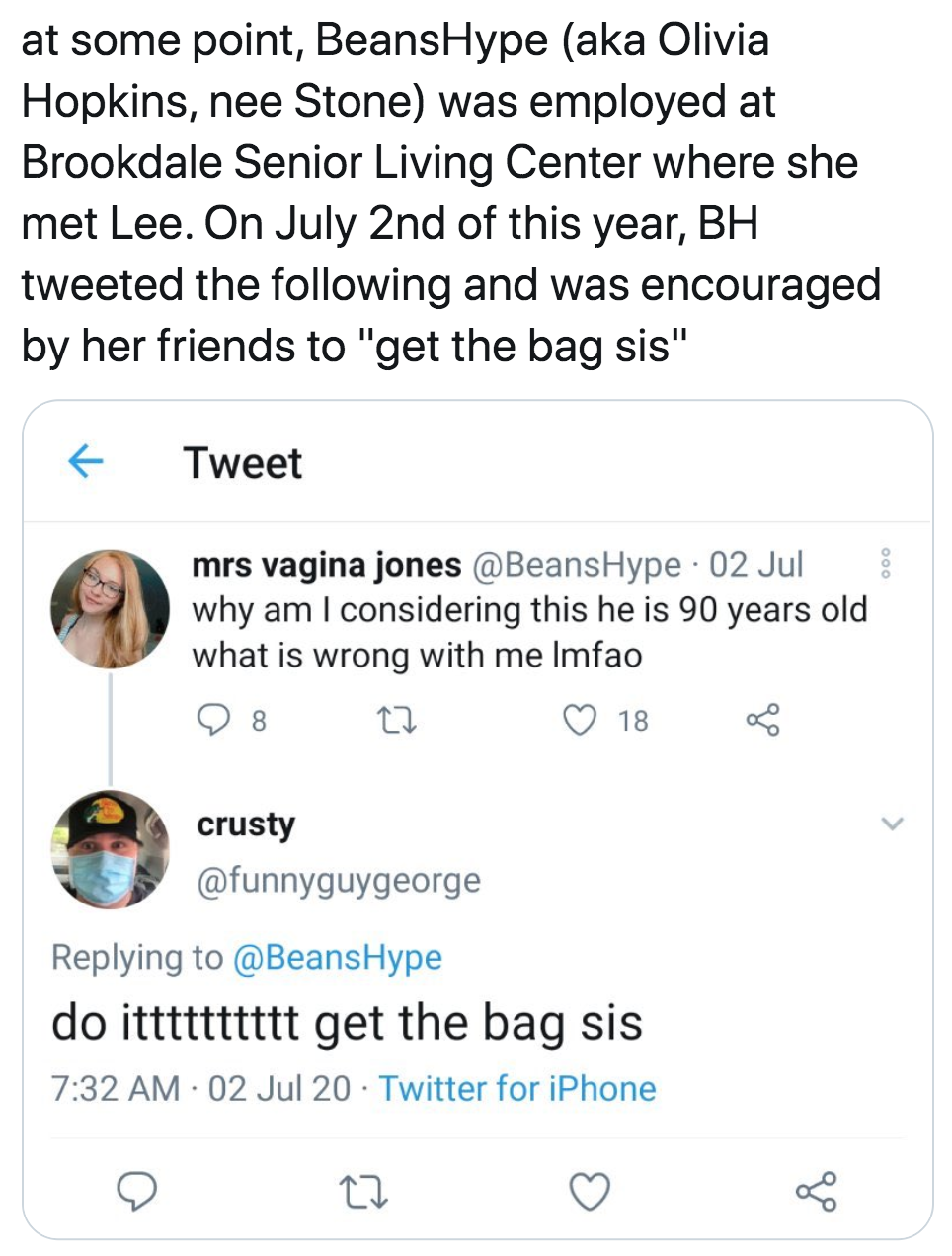 document - at some point, Beans Hype aka Olivia Hopkins, nee Stone was employed at Brookdale Senior Living Center where she met Lee. On July 2nd of this year, Bh tweeted the ing and was encouraged by her friends to "get the bag sis" Tweet mrs vagina jones