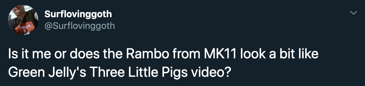 Is it me or does the Rambo from MK11 look a bit Green Jelly's Three Little Pigs video?