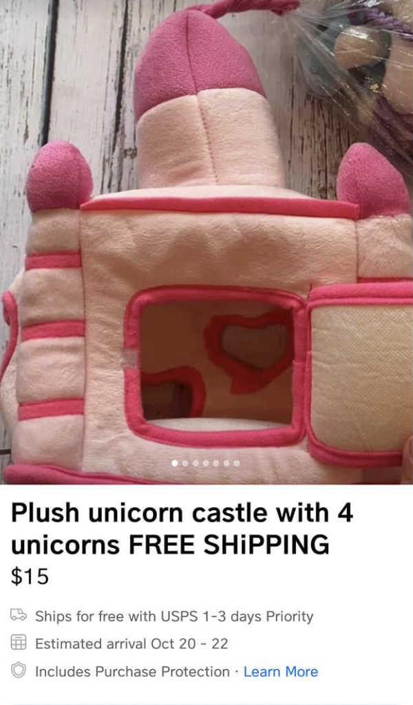 facebook marketplace - is this item still available memes - shopping china - Plush unicorn castle with 4 unicorns Free Shipping $15 bo Ships for free with Usps 13 days Priority Estimated arrival Oct 20 22 Includes Purchase Protection. Learn More