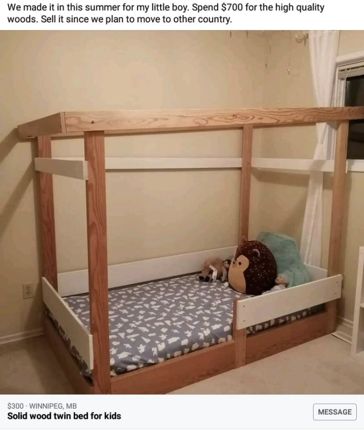 facebook marketplace - is this item still available memes - bed frame - We made it in this summer for my little boy. Spend $700 for the high quality woods. Sell it since we plan to move to other country. 1 $300Winnipeg, Mb Solid wood twin bed for kids Mes