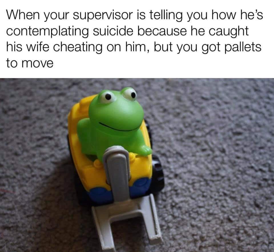 frog - When your supervisor is telling you how he's contemplating suicide because he caught his wife cheating on him, but you got pallets to move