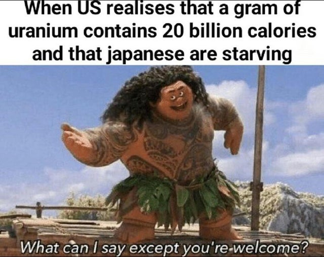 dark-memes-moana memes you re welcome - When Us realises that a gram of uranium contains 20 billion calories and that japanese are starving What can I say except you're welcome?