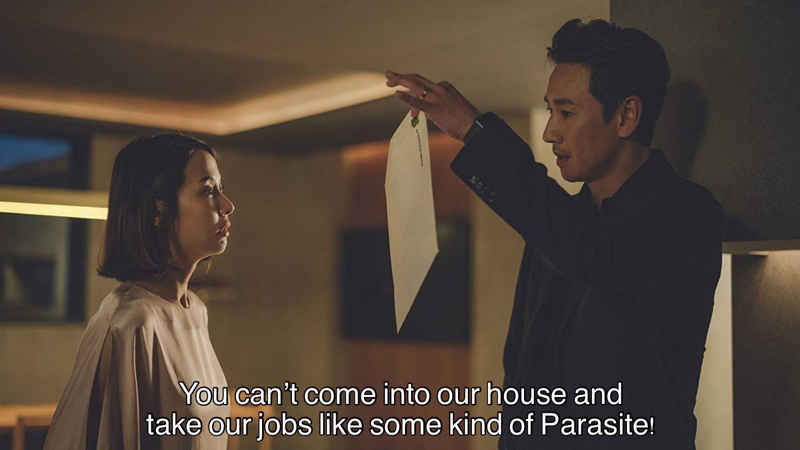 He Didn't Say That -Movie Titles in Movie Lines- lee sun kyun parasite - You can't come into our house and take our jobs some kind of Parasite!