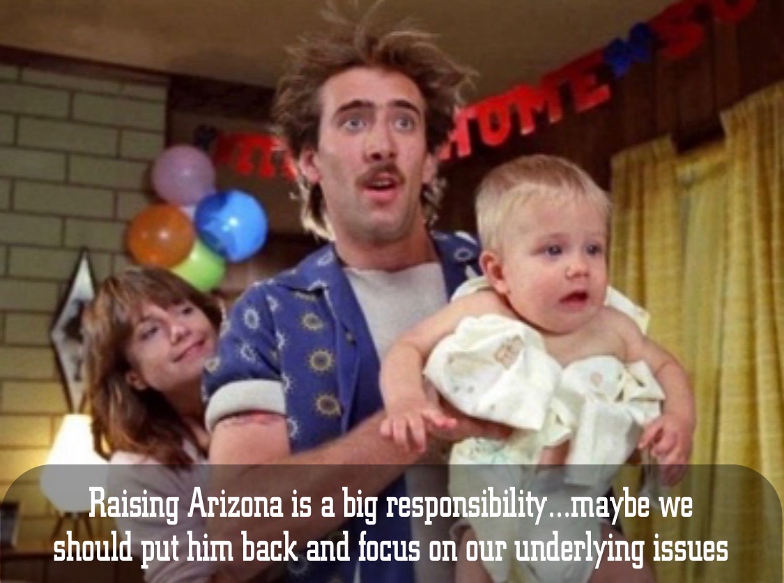 He Didn't Say That -Movie Titles in Movie Lines- raising arizona movie - Raising Arizona is a big responsibility...maybe we should put him back and focus on our underlying issues