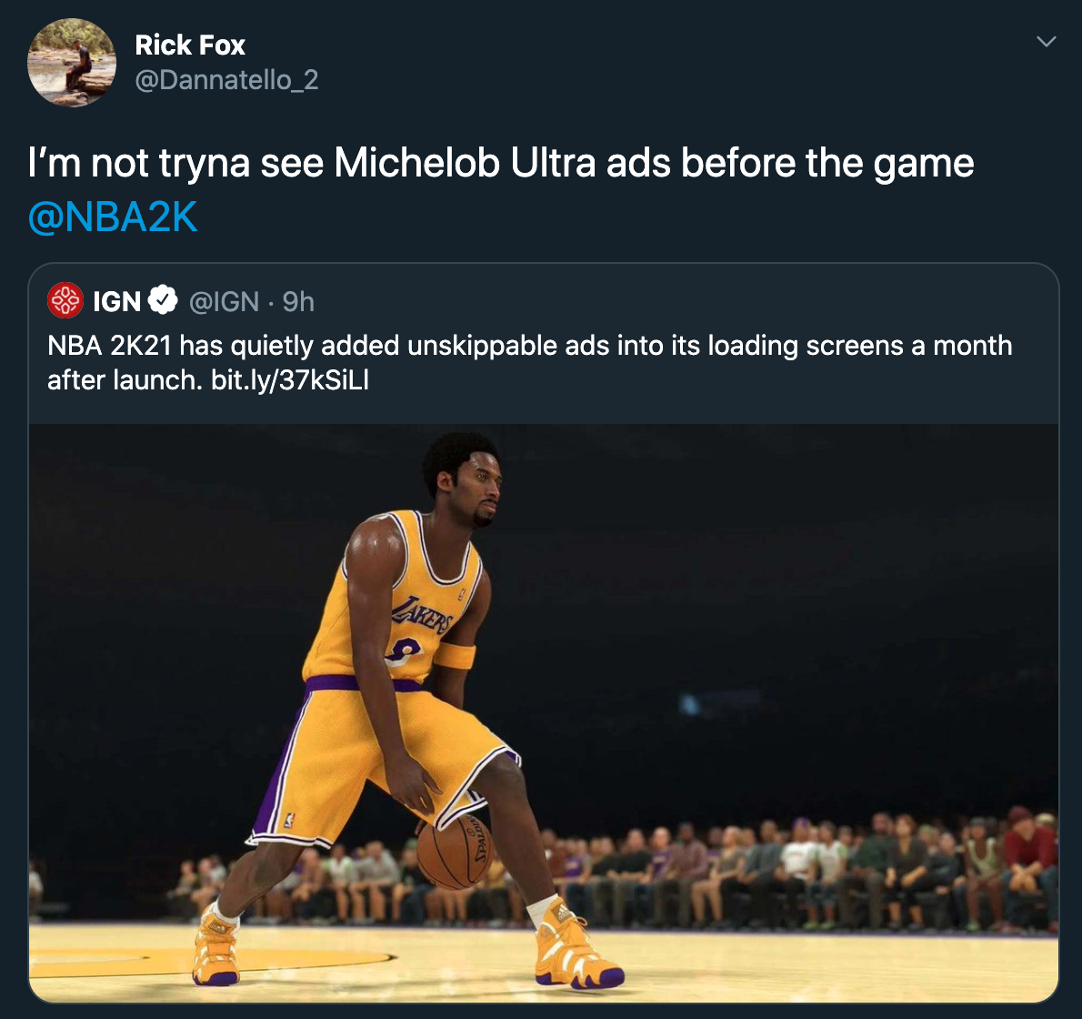 I'm not tryna see Michelob Ultra ads before the game - Nba 2K21 has quietly added unskippable ads into its loading screens a month after launch.