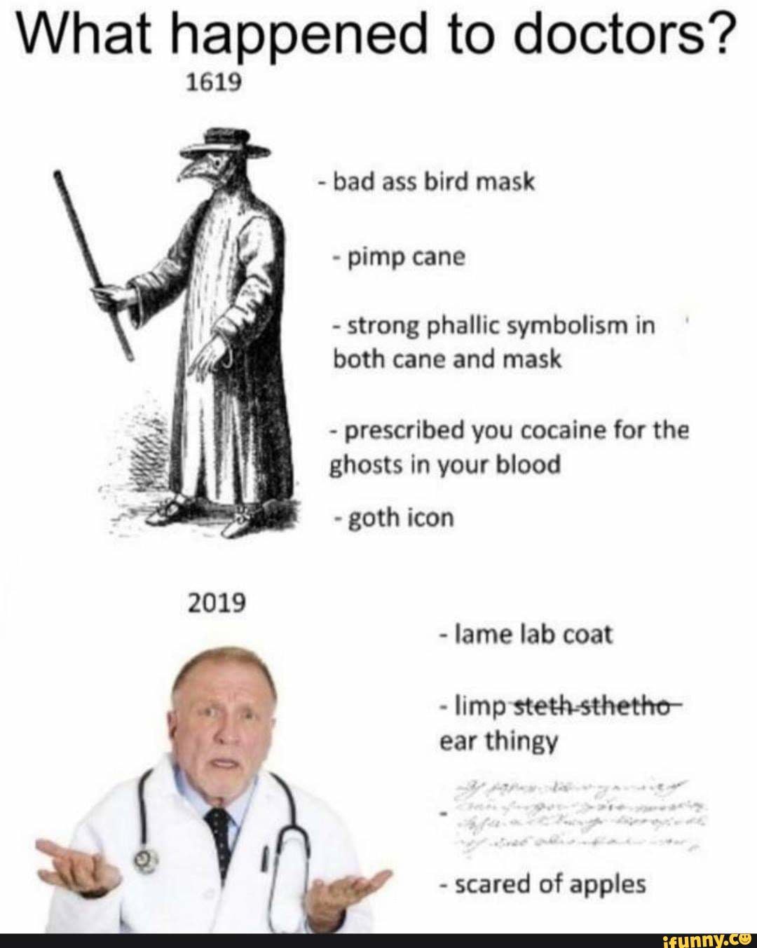 plague doctor vs doctor - What happened to doctors? 1619 bad ass bird mask pimp cane strong phallic symbolism in both cane and mask prescribed you cocaine for the ghosts in your blood goth icon 2019 lame lab coat limp stethsthetho ear thingy scared of app