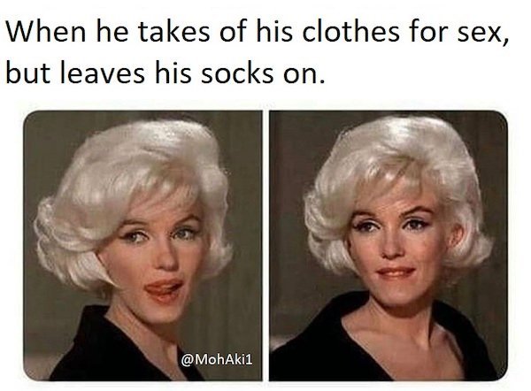 he takes his hoodie off - When he takes of his clothes for sex, but leaves his socks on.