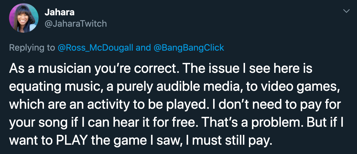 alex hutchinson video game developer streamer royalties - As a musician you're correct. The issue I see here is equating music, a purely audible media, to video games, which are an activity to be played. I don't need to pay for your song if I can hear it 