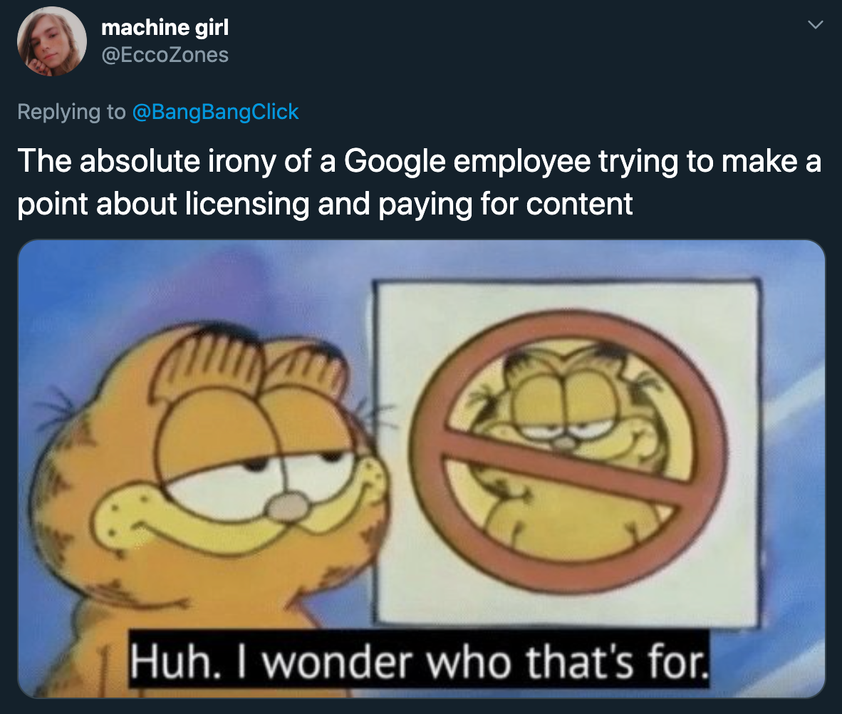 alex hutchinson video game developer streamer royalties - The absolute irony of a Google employee trying to make a point about licensing and paying for content Huh. I wonder who that's for.