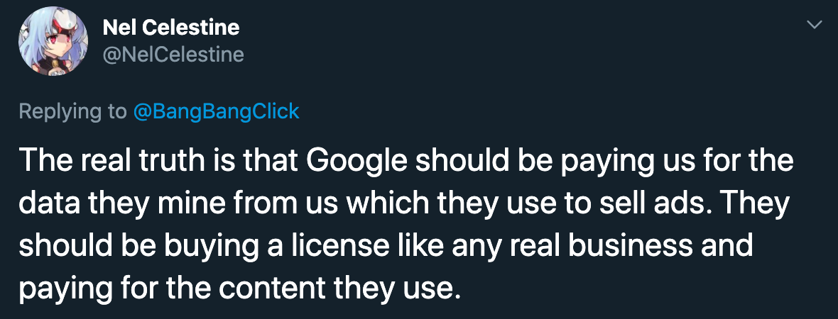 alex hutchinson video game developer streamer royalties - The real truth is that Google should be paying us for the data they mine from us which they use to sell ads. They should be buying a license any real business and paying for the content they use.