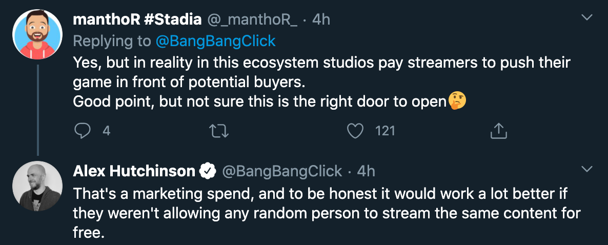 alex hutchinson video game developer streamer royalties - Yes, but in reality in this ecosystem studios pay streamers to push their game in front of potential buyers. Good point, but not sure this is the right door to open -  That's a marketing spend, and
