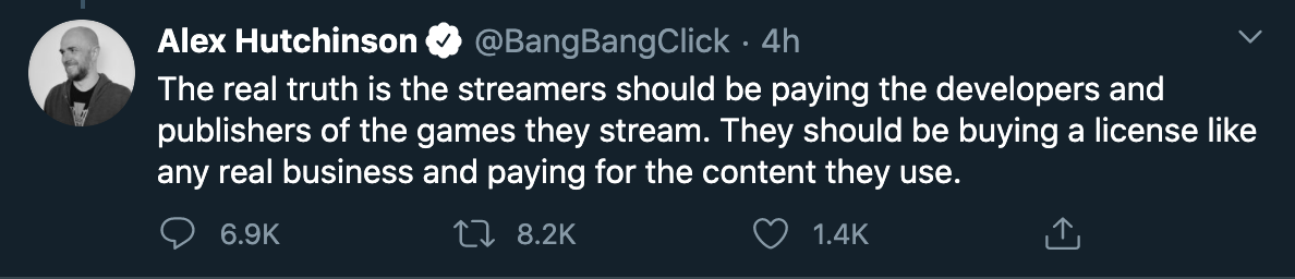 alex hutchinson video game developer streamer royalties - The real truth is the streamers should be paying the developers and publishers of the games they stream. They should be buying a license any real business and paying for the content they use.