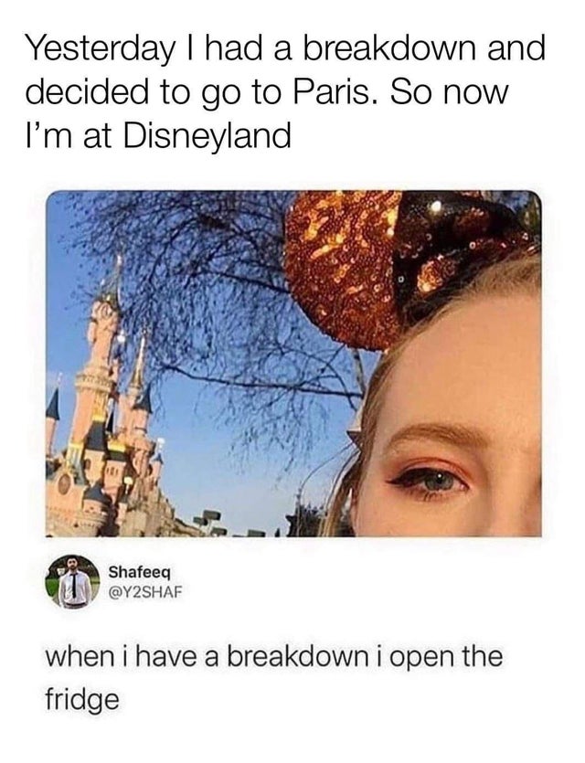 dark-memes-Internet meme - Yesterday I had a breakdown and decided to go to Paris. So now I'm at Disneyland L Shafeeq when i have a breakdown i open the fridge