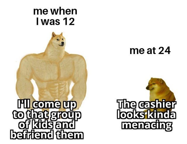 dark-memes-bear - me when I was 12 me at 24 Hii come up to that group of kids and befriend them The cashier looks kinda menacing