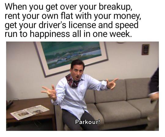 relationship-memes-fap content - When you get over your breakup, rent your own flat with your money, get your driver's license and speed run to happiness all in one week. Parkour!