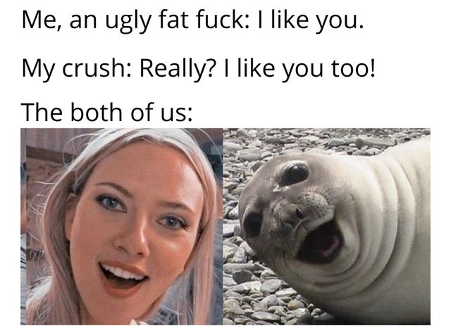 relationship-memes-funny memes - Me, an ugly fat fuck I you. My crush Really? I you too! The both of us