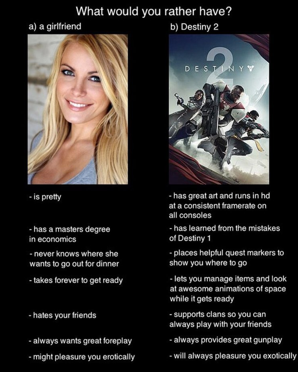 funny video game memes - What would you rather have? a a girlfriend b Destiny 2 Destinyv is pretty has a masters degree in economics never knows where she wants to go out for dinner takes forever to get ready has great art and runs in hd at a consistent f
