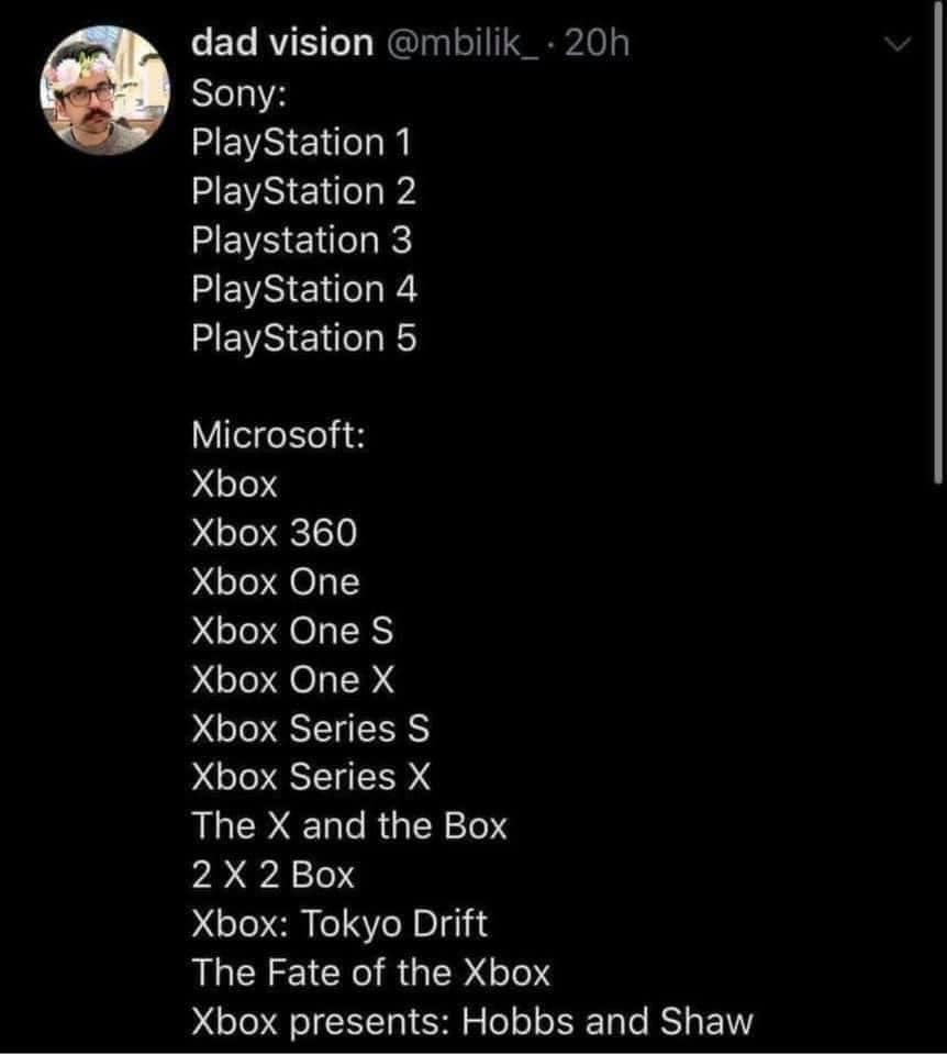 funny video game memes - Sony PlayStation 1 PlayStation 2 Playstation 3 PlayStation 4 PlayStation 5 Microsoft Xbox Xbox 360 Xbox One Xbox One S Xbox One X Xbox Series S Xbox Series X The X and the Box 2 X 2 Box Xbox Tokyo Drift The Fate of the Xbox Xbox p