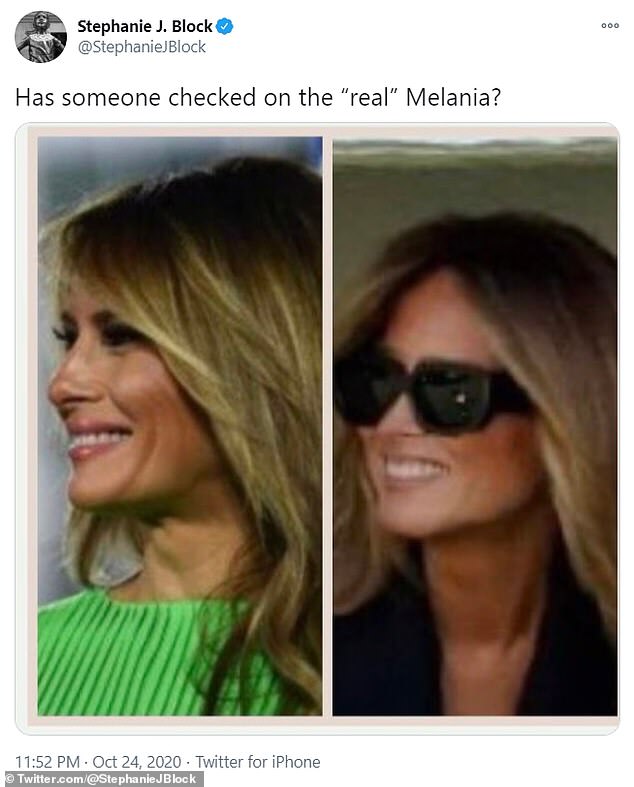000 Stephanie J. Block Block Has someone checked on the "real" Melania? . Twitter for iPhone Twitter.com JBlock