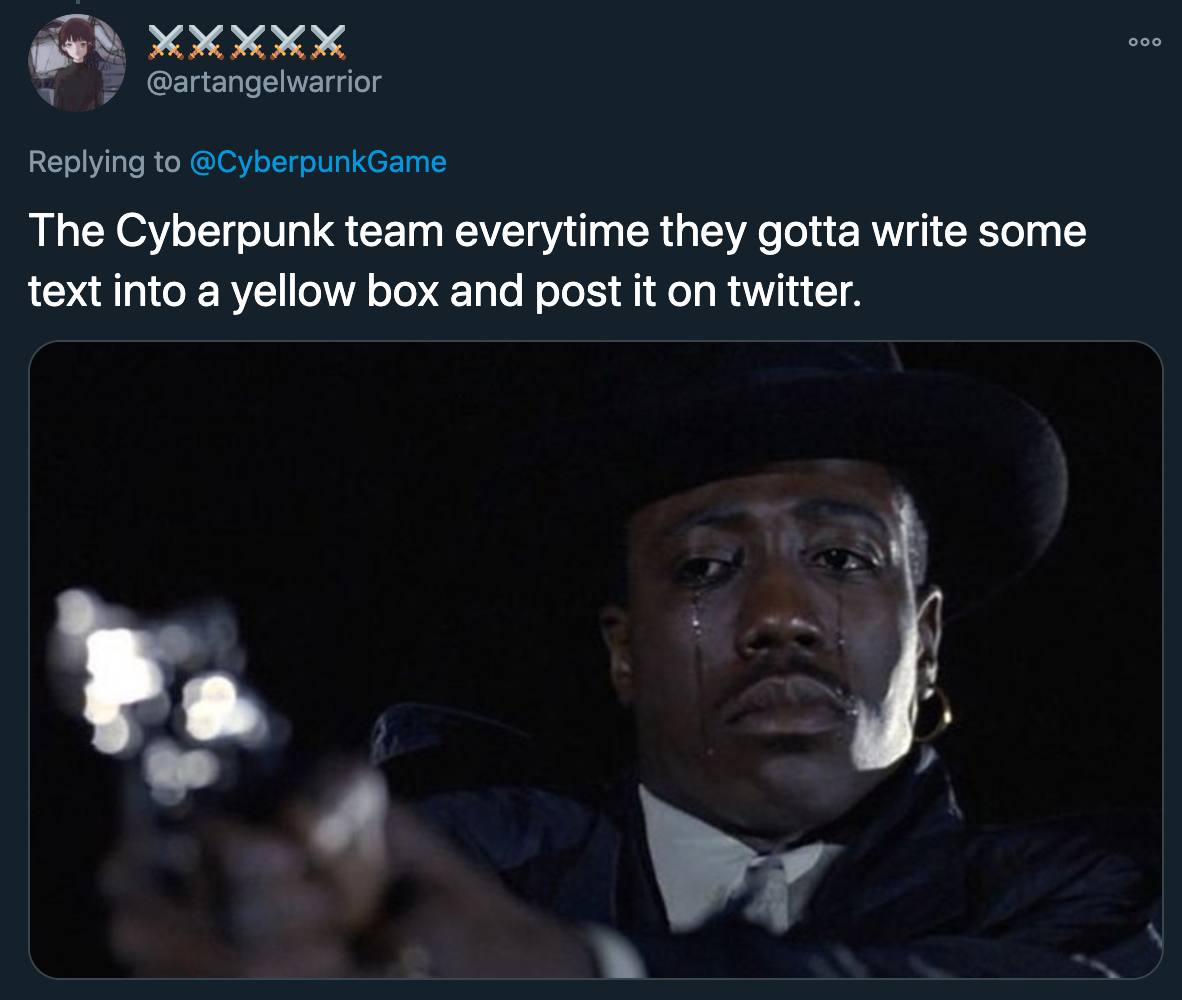 cyberpunk 2077 delay - crying while pointing gun -  The Cyberpunk team everytime they gotta write some text into a yellow box and post it on twitter.
