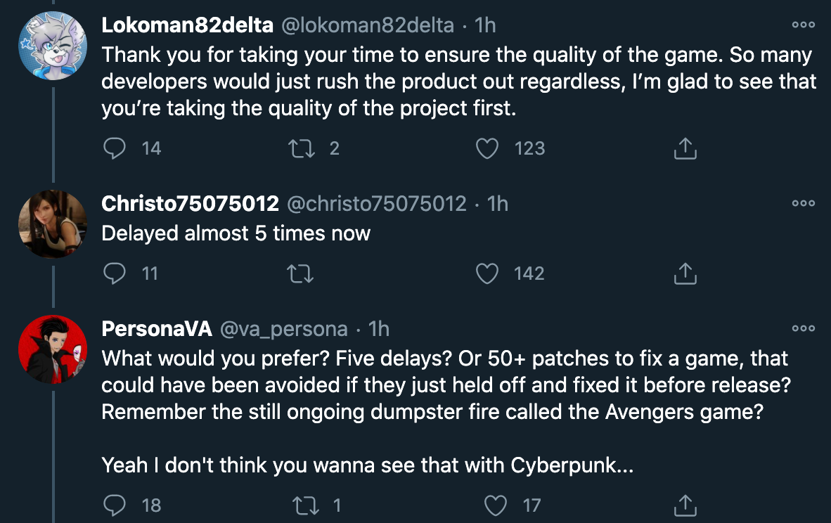 cyberpunk 2077 delay - Thank you for taking your time to ensure the quality of the game. So many developers would just rush the product out regardless, I'm glad to see that you're taking the quality of the project first.