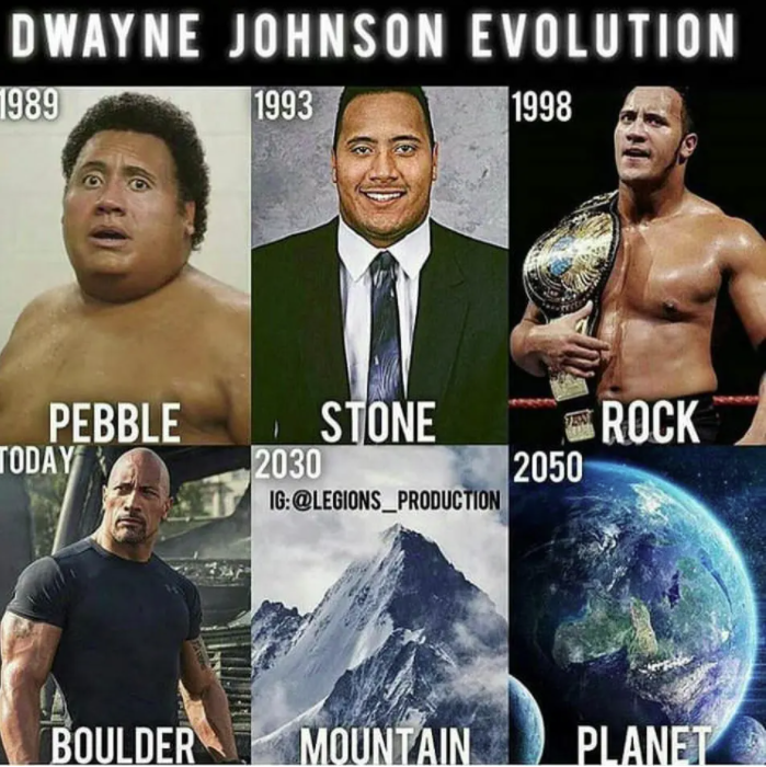 dwayne johnson meme - Dwayne Johnson Evolution 1989 1993 1998 Pebble Today Stone Rock 2030 2050 16 Boulder Mountain Planet