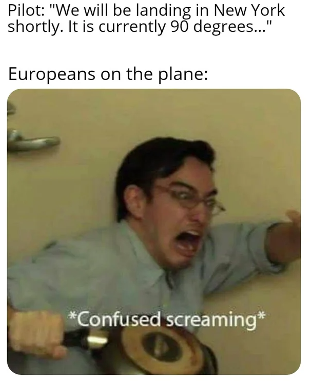 america is stupid meme - Pilot "We will be landing in New York shortly. It is currently 90 degrees..." Europeans on the plane Confused screaming