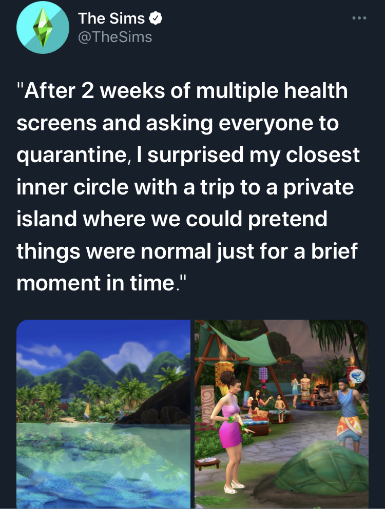 ms trust - The Sims Sims "After 2 weeks of multiple health screens and asking everyone to quarantine, I surprised my closest inner circle with a trip to a private island where we could pretend things were normal just for a brief moment in time."