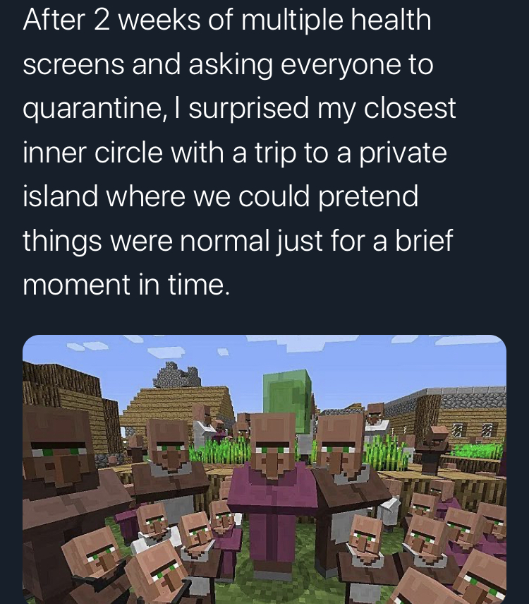 minecraft villager - After 2 weeks of multiple health screens and asking everyone to quarantine, I surprised my closest inner circle with a trip to a private island where we could pretend things were normal just for a brief moment in time.