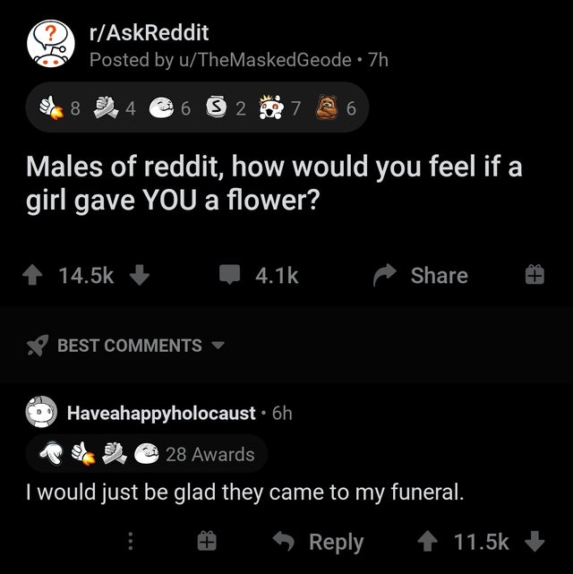 dark-memes-screenshot - ? rAskReddit Posted by uTheMaskedGeode 7h 8 4 6 5 2 7 6 Males of reddit, how would you feel if a girl gave You a flower? Ot Tp Best Haveahappyholocaust. 6h @ 28 Awards I would just be glad they came to my funeral.