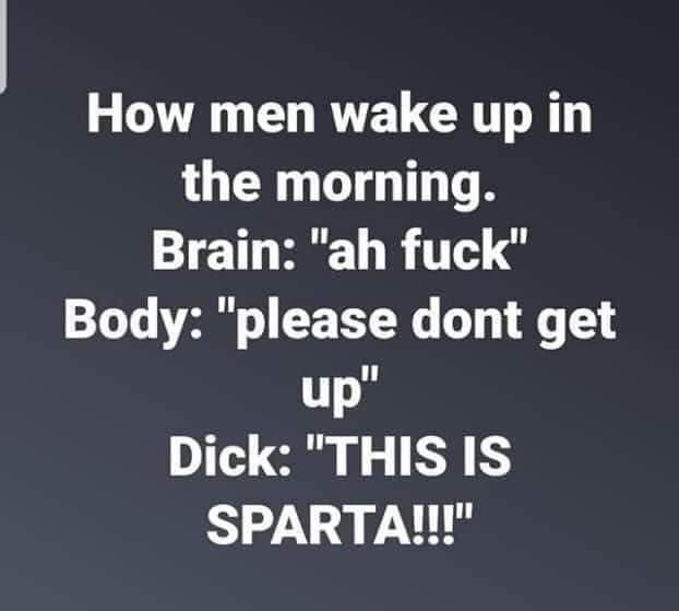 dirty-memes-How men wake up in the morning. Brain "ah fuck" Body "please dont get up" Dick "This Is Sparta!!!"