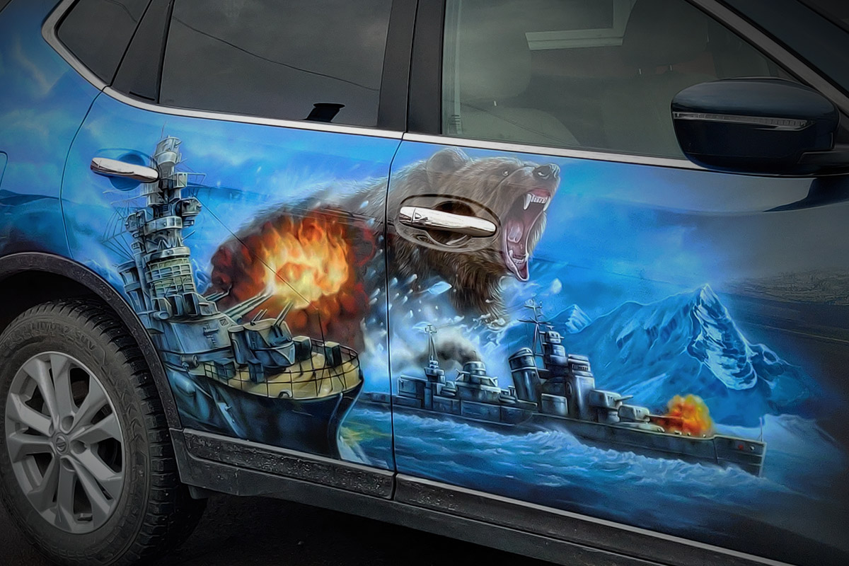 funny airbrushed cars - bear with a war ship