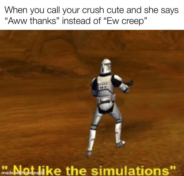 relationship-memes-photo caption - When you call your crush cute and she says "Aww thanks" instead of "Ew creep" mademodike the simulations."