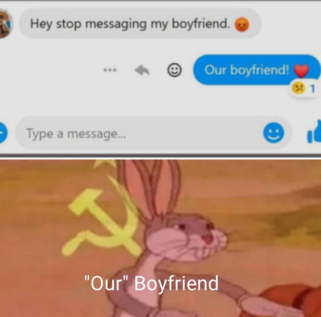 relationship-memes-communist bugs bunny - Hey stop messaging my boyfriend. Our boyfriend! Type a message... "Our" Boyfriend