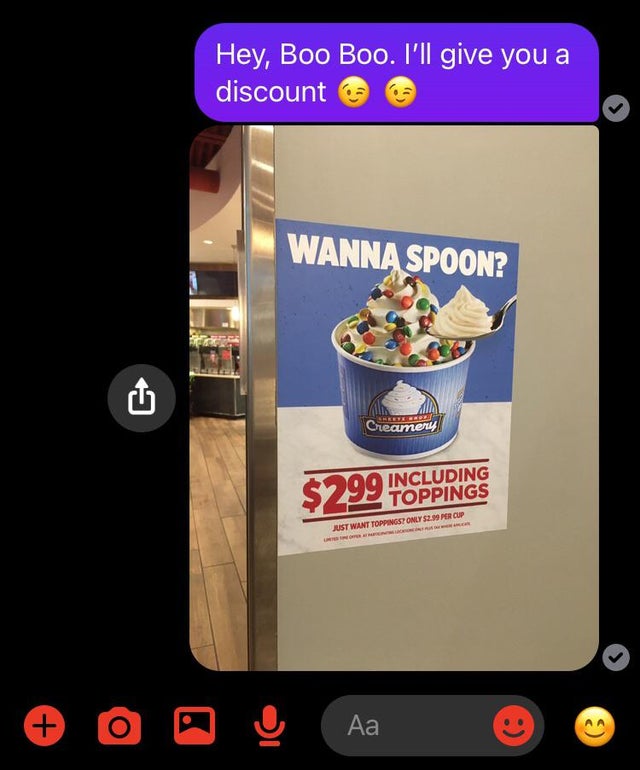 relationship-memes-display advertising - Hey, Boo Boo. I'll give you a discount Wanna Spoon? Smrete Creamery $299 Including Including Toppings Just Want Toppings Only 52.99 Per Cup