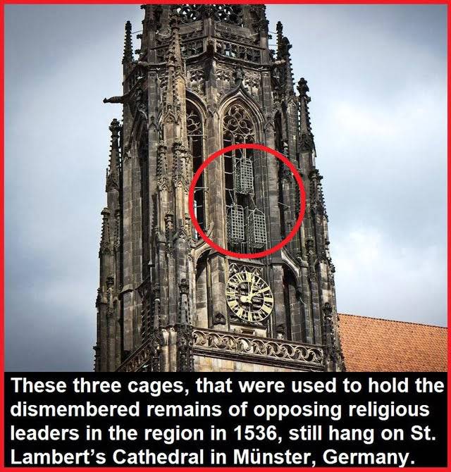 st lambert's church munster - These three cages, that were used to hold the dismembered remains of opposing religious leaders in the region in 1536, still hang on St. Lambert's Cathedral in Mnster, Germany.