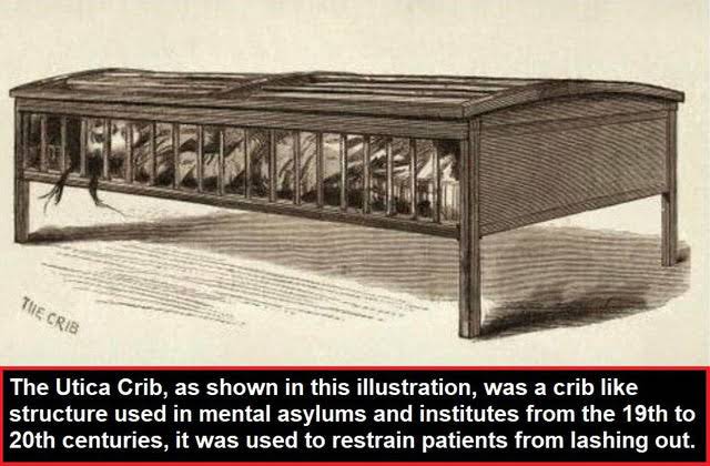 utica crib - The Crib The Utica Crib, as shown in this illustration, was a crib structure used in mental asylums and institutes from the 19th to 20th centuries, it was used to restrain patients from lashing out.