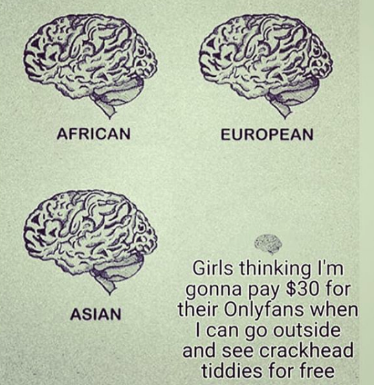 mind of a racist - African European Asian Girls thinking I'm gonna pay $30 for their Onlyfans when I can go outside and see crackhead tiddies for free