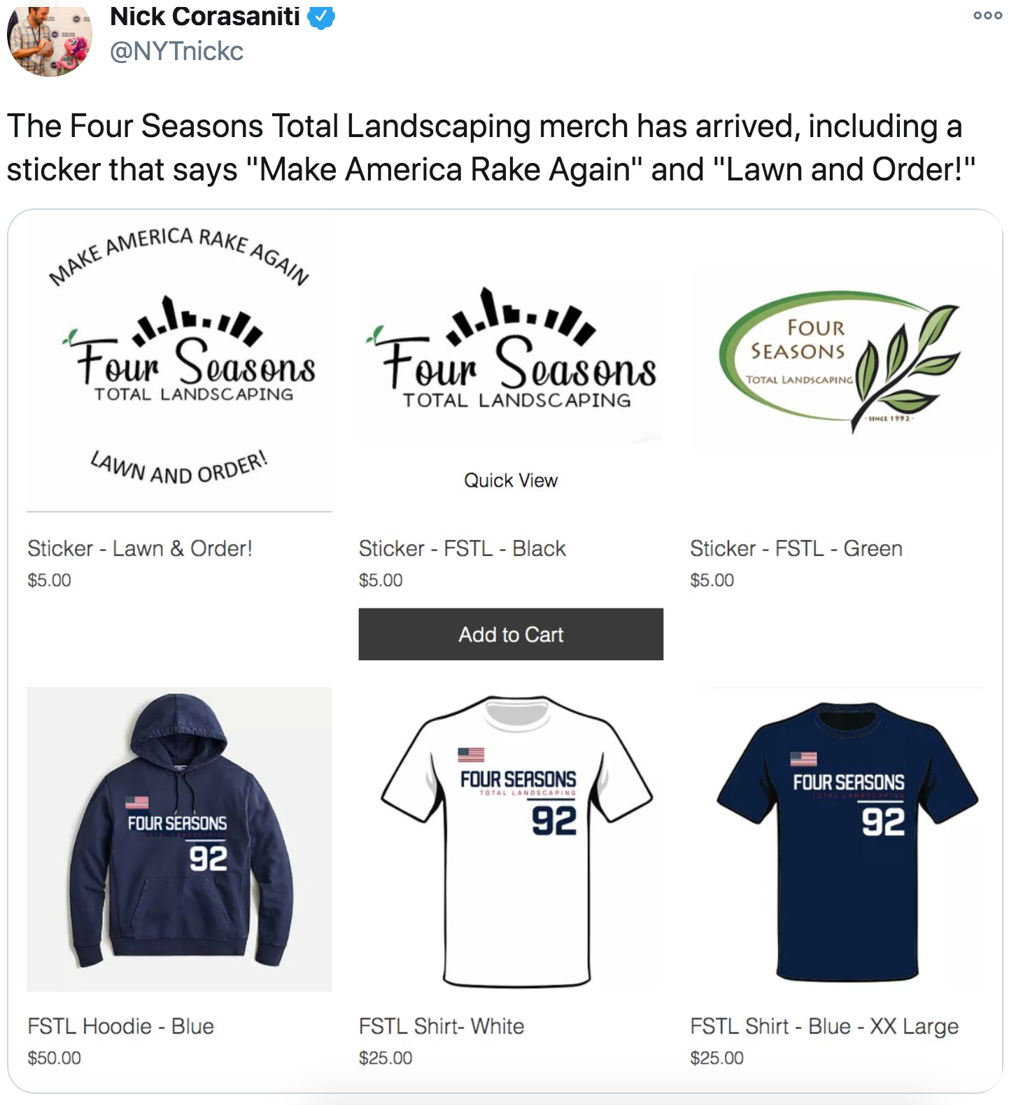 t shirt - Gob Nick Corasaniti The Four Seasons Total Landscaping merch has arrived, including a sticker that says "Make America Rake Again" and "Lawn and Order!" Rake E Again Make America ..!! Four Seasons Four Seasons Four Seasons Total Landscaping Total