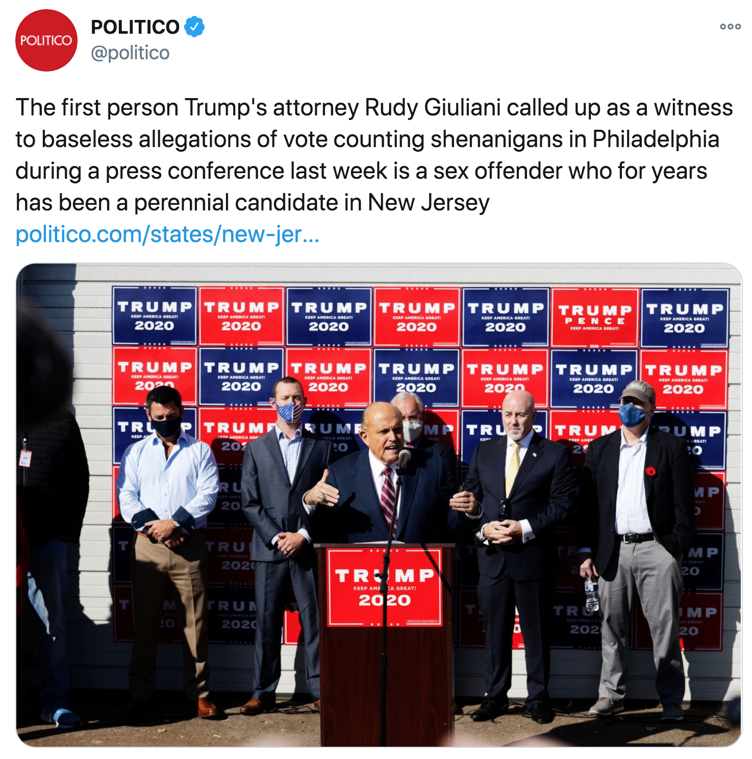 communication - 000 Politico Politico The first person Trump's attorney Rudy Giuliani called up as a witness to baseless allegations of vote counting shenanigans in Philadelphia during a press conference last week is a sex offender who for years has been 