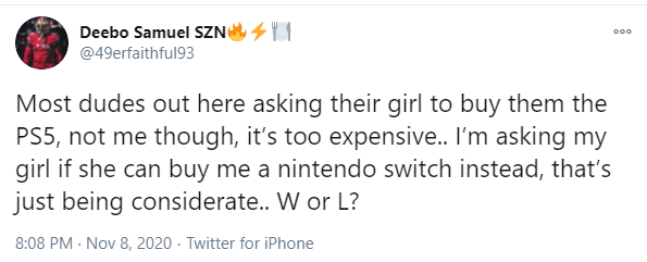 ps5 secured memes - marriage twitter quotes - Doo Deebo Samuel Szn 11 Most dudes out here asking their girl to buy them the PS5, not me though, it's too expensive.. I'm asking my girl if she can buy me a nintendo switch instead, that's just being consider