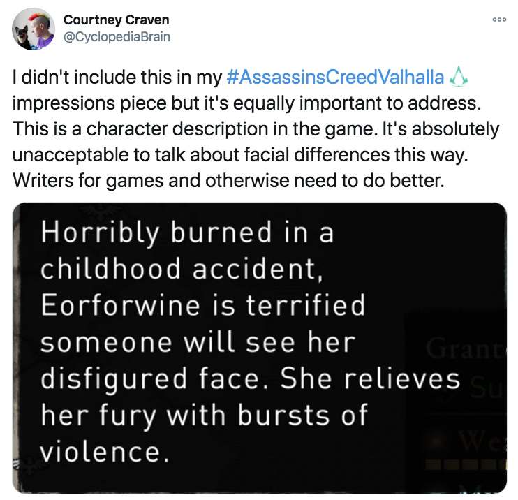 Courtney Craven I didn't include this in my CreedValhalla impressions piece but it's equally important to address. This is a character description in the game. It's absolutely unacceptable to talk about facial differences this way. Writers for games…